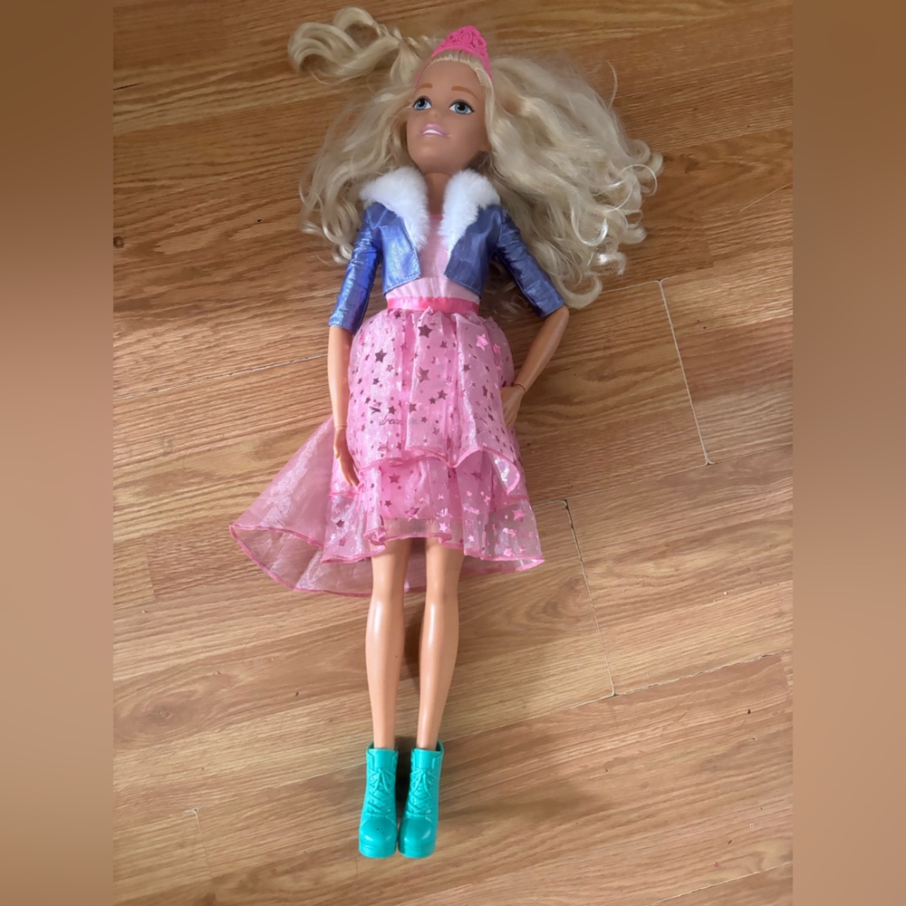 Blonde Fashion Doll in Pink Star Dress with Blue Jacket